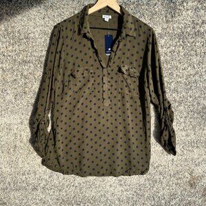 Splendid Shirt Womens Large Olive Polka Dot Rayon Roll Tab Sleeve Top Blouse‎